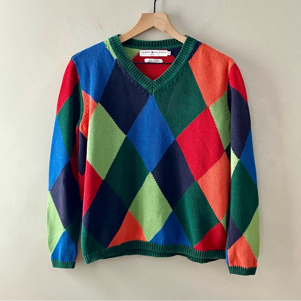 TOMMY HILFIGER Jeans ‘00s Multicolored Argyle V-Neck Sweater